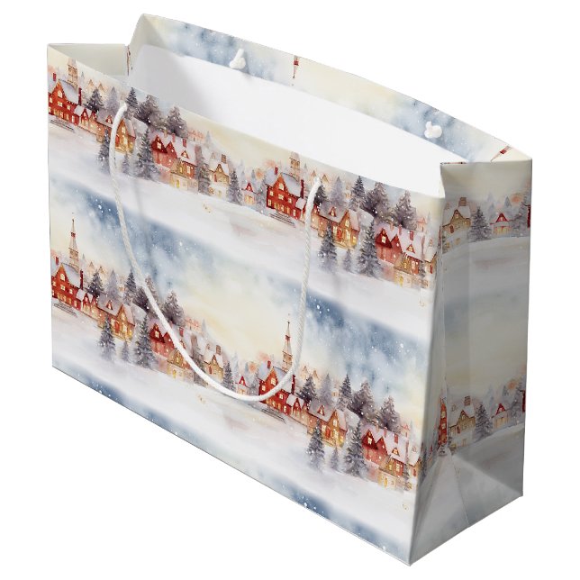 Sacola Para Presentes Grande Vila Wonderland de inverno da neve de Natal (Verso inclinado)