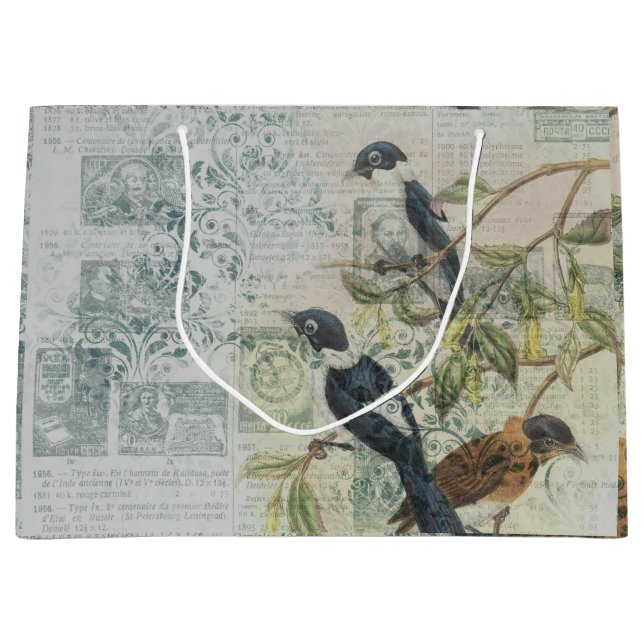 Sacola Para Presentes Grande Vintage Bird Ephemera Decoupage (Frente)