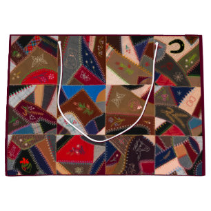 Sacola Para Presentes Grande Vintage Crazy Patchwork Quilt Colorful Gift Bag