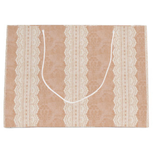 Sacola Para Presentes Grande Vintage Dusty Peach Antique Damask Faded Lace