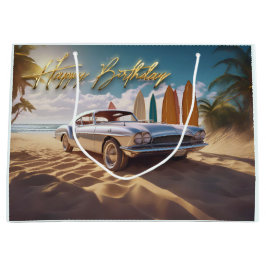 Sacola Para Presentes Grande Vintage Esporte Carro Tropical Praia Feliz anivers