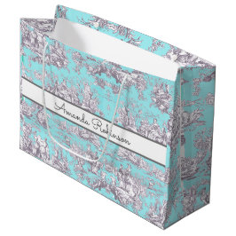Sacola Para Presentes Grande Vintage floral aqua azul toile de jouy monograma