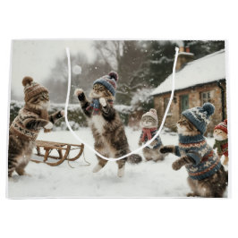 Sacola Para Presentes Grande Vintage Kitties Snowball Fight Large Gift Bag