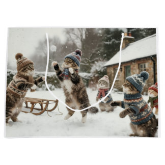 Sacola Para Presentes Grande Vintage Kitties Snowball Fight Large Gift Bag