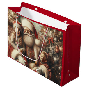 Sacola Para Presentes Grande Vintage Papai Noel e Crianças