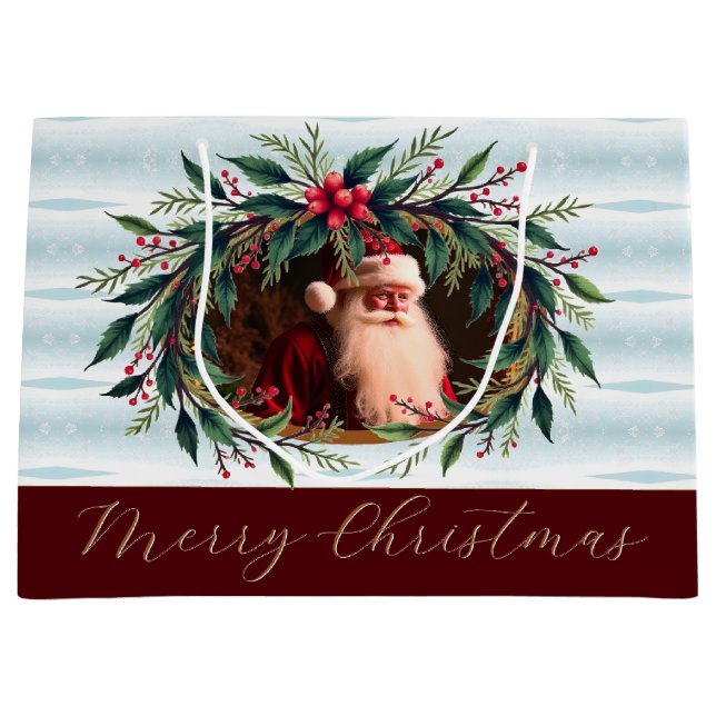 Sacola Para Presentes Grande Vintage Santa With Greenery (Frente)