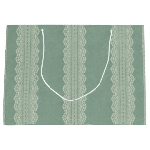 Sacola Para Presentes Grande Vintage Smokey Pine Green Damask Faded Lace