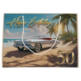 Sacola Para Presentes Grande Vintage Sports car em uma praia tropical Happy 50t