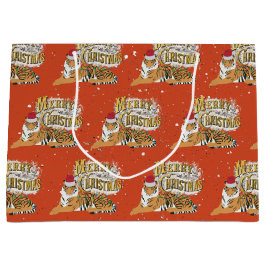 Sacola Para Presentes Grande Vintage Xmas Tiger e Feliz Natal