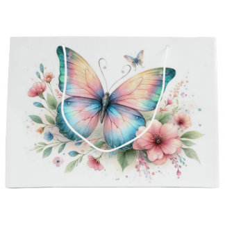 Sacola Para Presentes Grande Watercolor Butterfly Floral Gift Bag