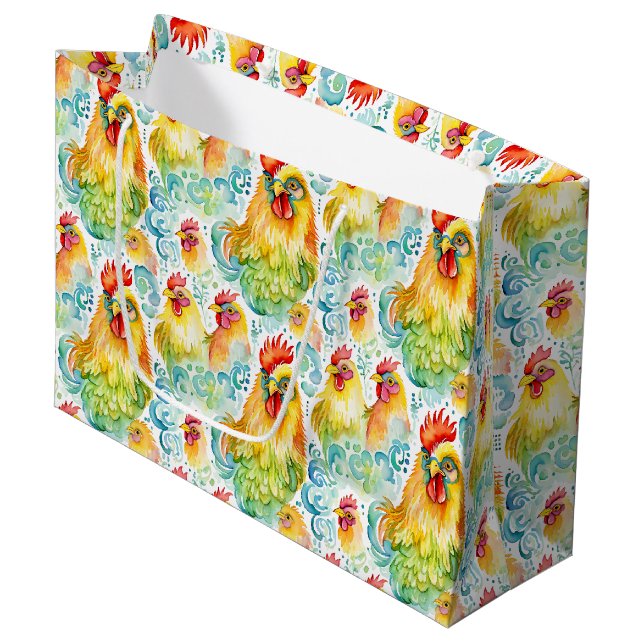 Sacola Para Presentes Grande Watercolor Chickens Colorida Birthday (Frente inclinada)