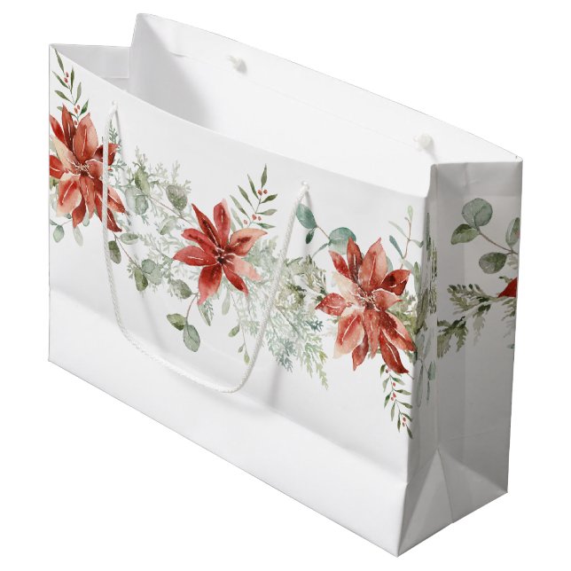 Sacola Para Presentes Grande Watercolor Christmas Red Poinsettias Greenery (Frente inclinada)