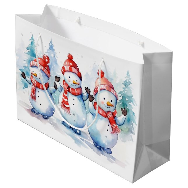 Sacola Para Presentes Grande Watercolor Christmas Snowmen (Verso inclinado)