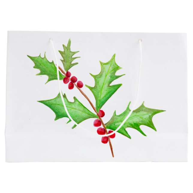 Sacola Para Presentes Grande Watercolor Classic Christmas Holly (Verso)
