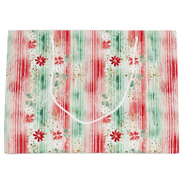 Sacola Para Presentes Grande Watercolor Floral Striped Holiday