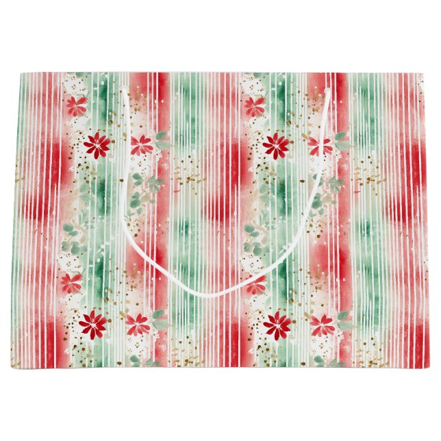 Sacola Para Presentes Grande Watercolor Floral Striped Holiday (Frente)