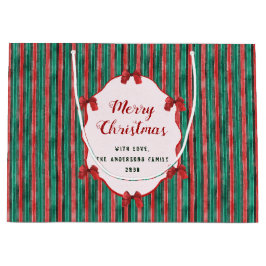 Sacola Para Presentes Grande Watercolor Hand Drawn Red Bows Stripes Christmas