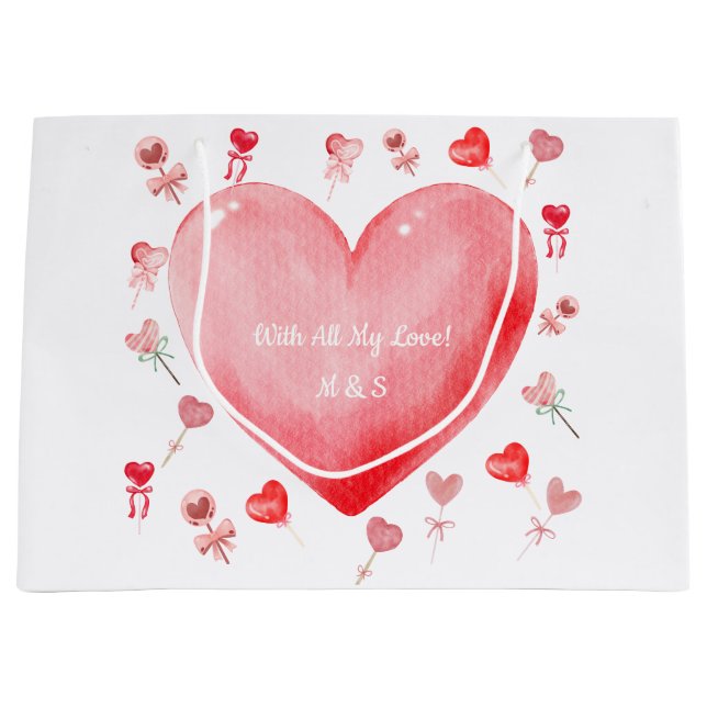 Sacola Para Presentes Grande Watercolor Heart Valentine Gift Bag (Frente)