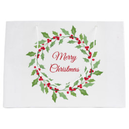 Sacola Para Presentes Grande Watercolor Holly Wreath