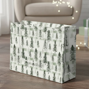 Sacola Para Presentes Grande Watercolor Pine Trees Xadrez Pinheiros Saco do Pre