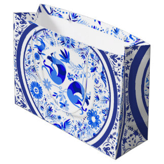 Sacola Para Presentes Grande Weimaraners, Coelhos e Pássaros Otomi Azul e Branc