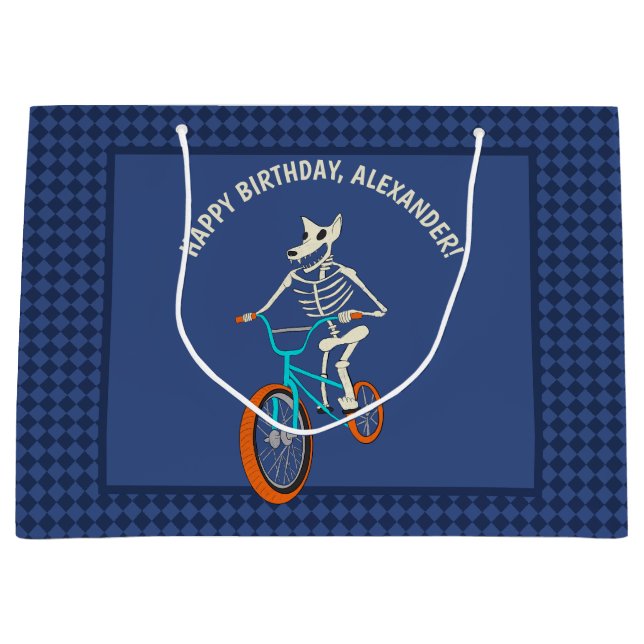 Sacola Para Presentes Grande Werewolf Skeleton on a BMX Bike Boys Birthday (Frente)