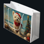 Sacola Para Presentes Grande West Highland White Terrier Dog Christmas Beach<br><div class="desc">Traga o calor dos feriados para a costa com esta charmosa design inspirada na vintagem, que apresenta um cão festivo sentado numa praia serena. Com um clássico toque de feriado de tons nostálgicos e vibrações costeiras, esta trabalho de arte captura a magia do Natal pelo mar. Perfeito para espalhar alegria...</div>