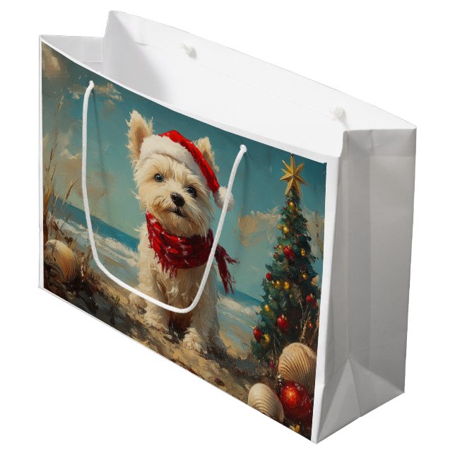Sacola Para Presentes Grande West Highland White Terrier Dog Christmas Beach (Frente inclinada)