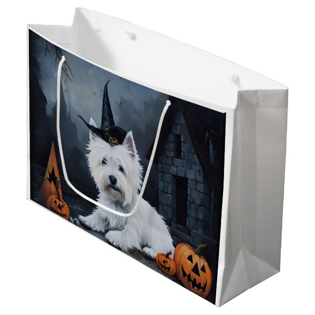 Sacola Para Presentes Grande West Highland White Terrier Pumpkin Halloween (Frente inclinada)