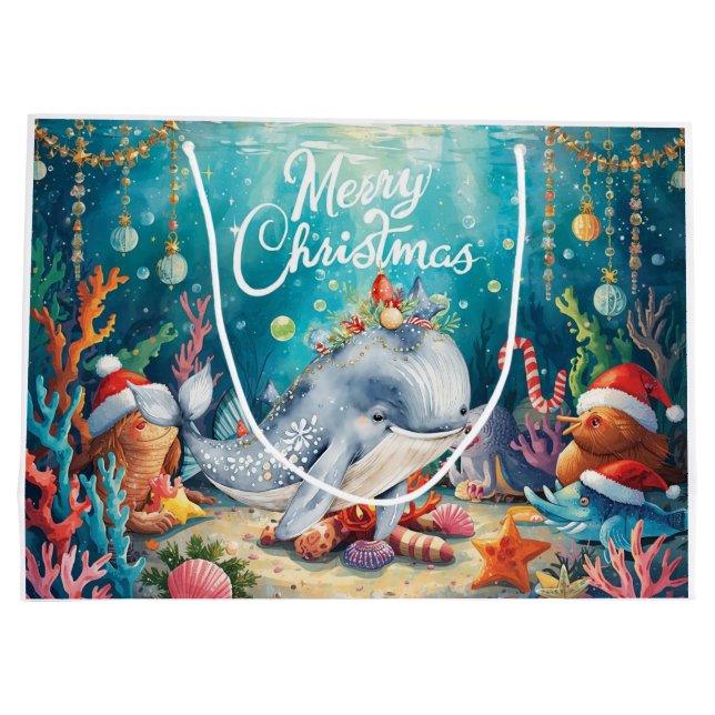 Sacola Para Presentes Grande Whale Santa Hat Under the Sea Christmas Party  (Verso)