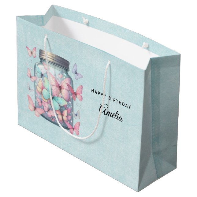 Sacola Para Presentes Grande Whimsical Butterflies in a Jar Birthday (Verso inclinado)