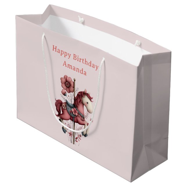 Sacola Para Presentes Grande Whimsical Carousel Horse Image Birthday (Verso inclinado)