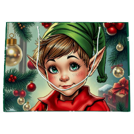 Sacola Para Presentes Grande Whimsical Cartoon Elf | Christmas
