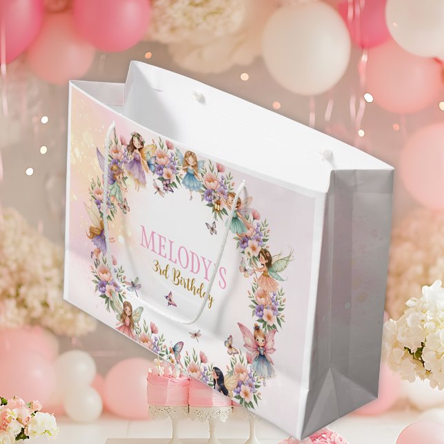 Sacola Para Presentes Grande Whimsical fairy garden 3rd birthday  (Criador carregado)