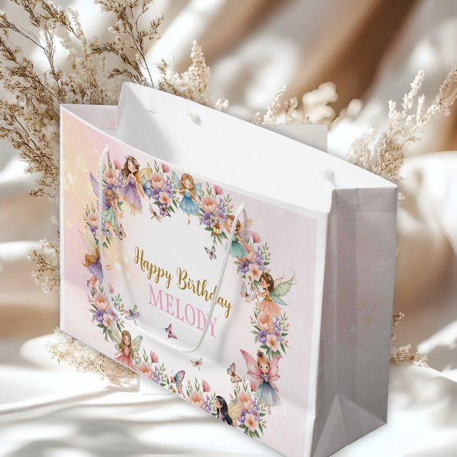 Sacola Para Presentes Grande Whimsical flower fairy garden birthday  (Criador carregado)