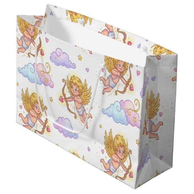 Sacola Para Presentes Grande Whimsical Flying Cupids in Blue Sky Fantasy (Frente inclinada)