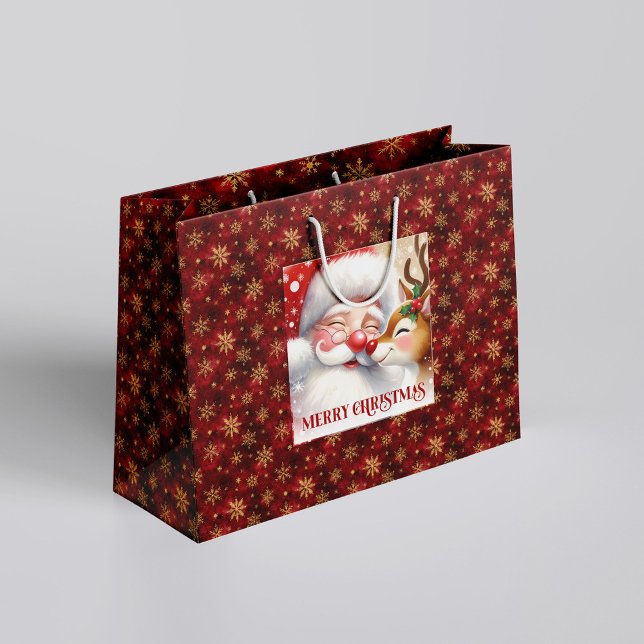 Sacola Para Presentes Grande Whimsical Holiday Santa and Red Nose Rudolph Bag (Whimsical Holiday Santa and Red Nose Rudolph Bag)