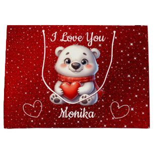 Sacola Para Presentes Grande White Bear e Red Eu Amo Você Nome Personalizado
