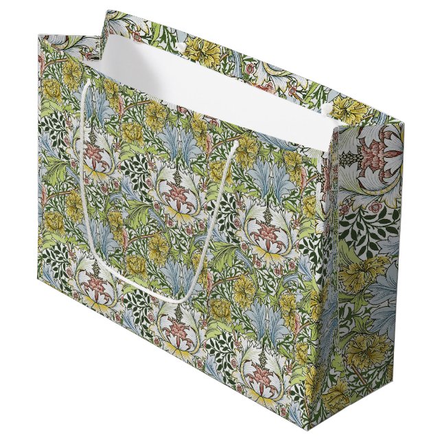 Sacola Para Presentes Grande William Morris Vintage Floral Cor-de-Rosa Verde (Frente inclinada)