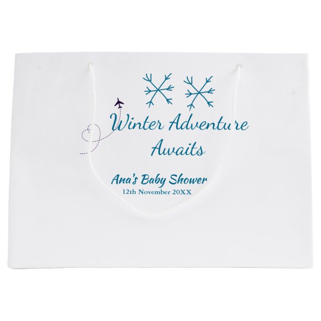 Sacola Para Presentes Grande Winter Adventure awaits baby shower blue snowflake (Frente)