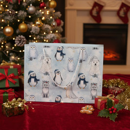 Sacola Para Presentes Grande Winter Arctic Animals Cute Penguin & Polar Bear