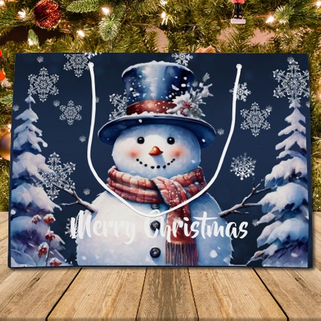 Sacola Para Presentes Grande Winter Forest Snowman Natal (Winter Forest Snowman Christmas Large Gift Bag)
