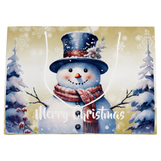 Sacola Para Presentes Grande Winter Forest Snowman Natal | DOURADO (Frente)