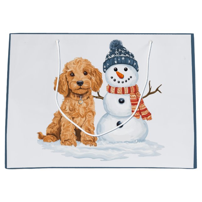 Sacola Para Presentes Grande Winter Goldendoodle Dog Cute Snowman (Frente)