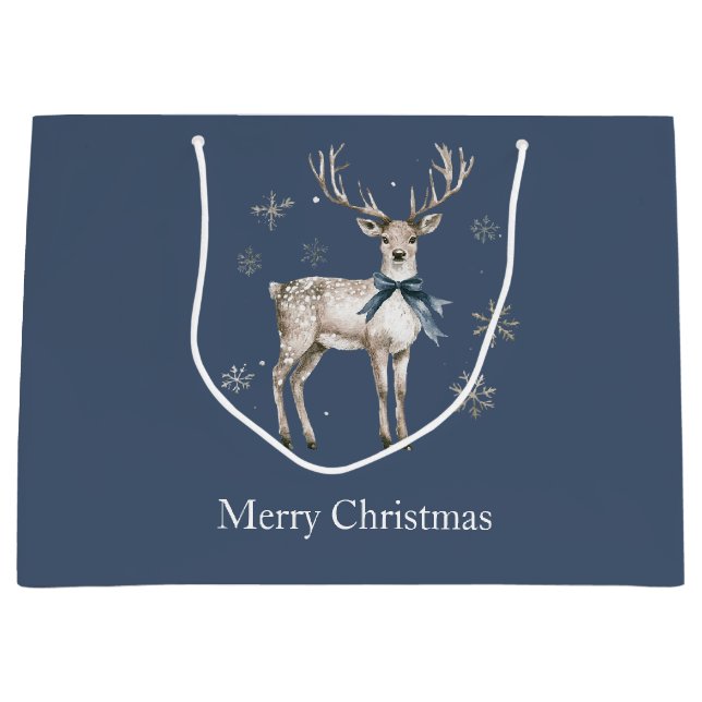 Sacola Para Presentes Grande Winter Wonderland Blue Deer Snowflakes Christmas (Frente)