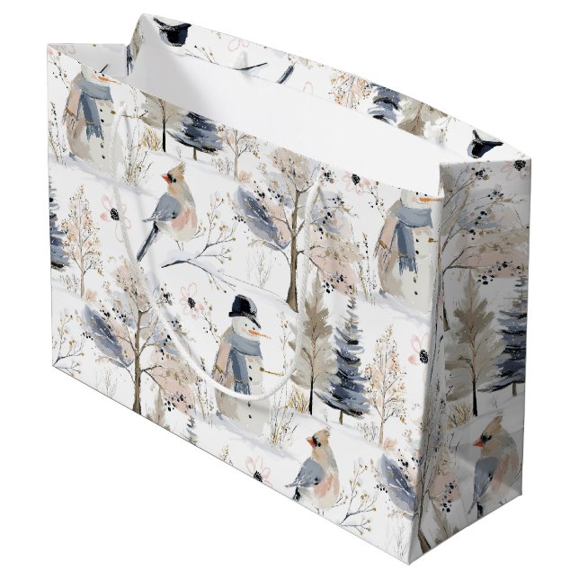 Sacola Para Presentes Grande Winter Wonderland Snowman e Bird Pattern (Verso inclinado)