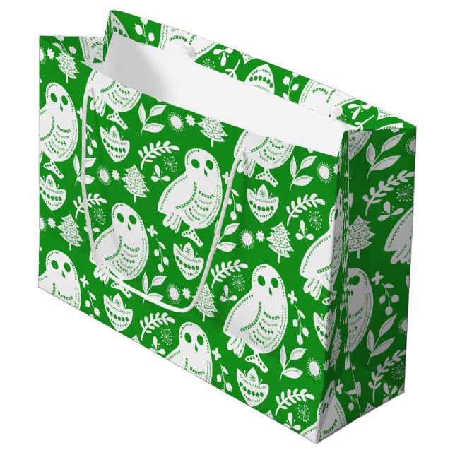 Sacola Para Presentes Grande Wise Owl Folk Art Green Holiday (Frente inclinada)