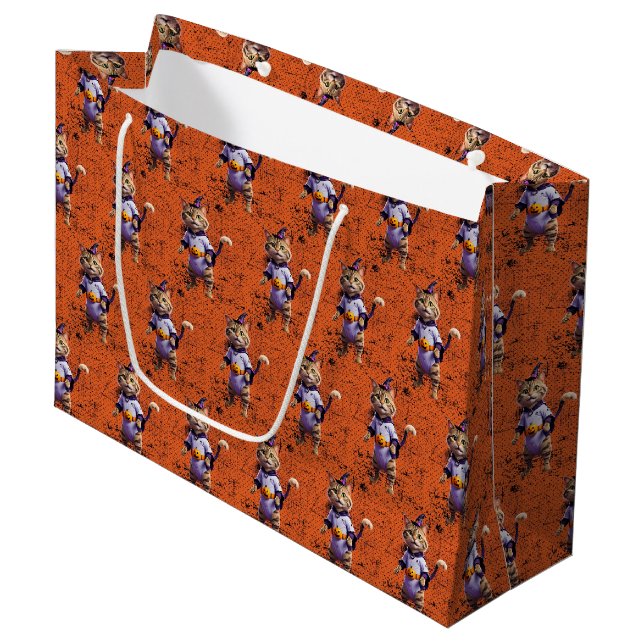 Sacola Para Presentes Grande Witchy Halloween Tabby (Frente inclinada)