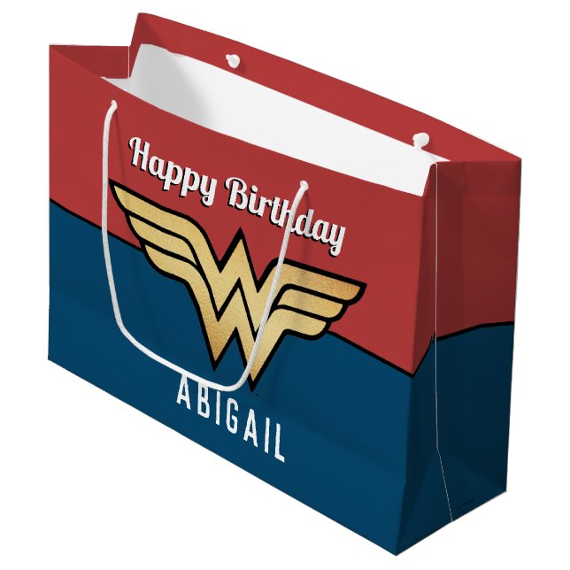 Sacola Para Presentes Grande Wonder Woman Golden Logo | Happy Birthday (Frente inclinada)