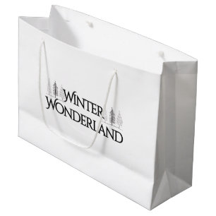 Sacola Para Presentes Grande Wonderland de inverno - Texto Elegante e Pinheiros